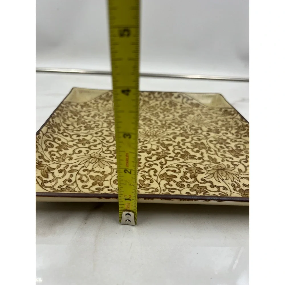 Sound Collection Japanese Ceramic Square Plate Brown Floral Vine Scroll 9.25in